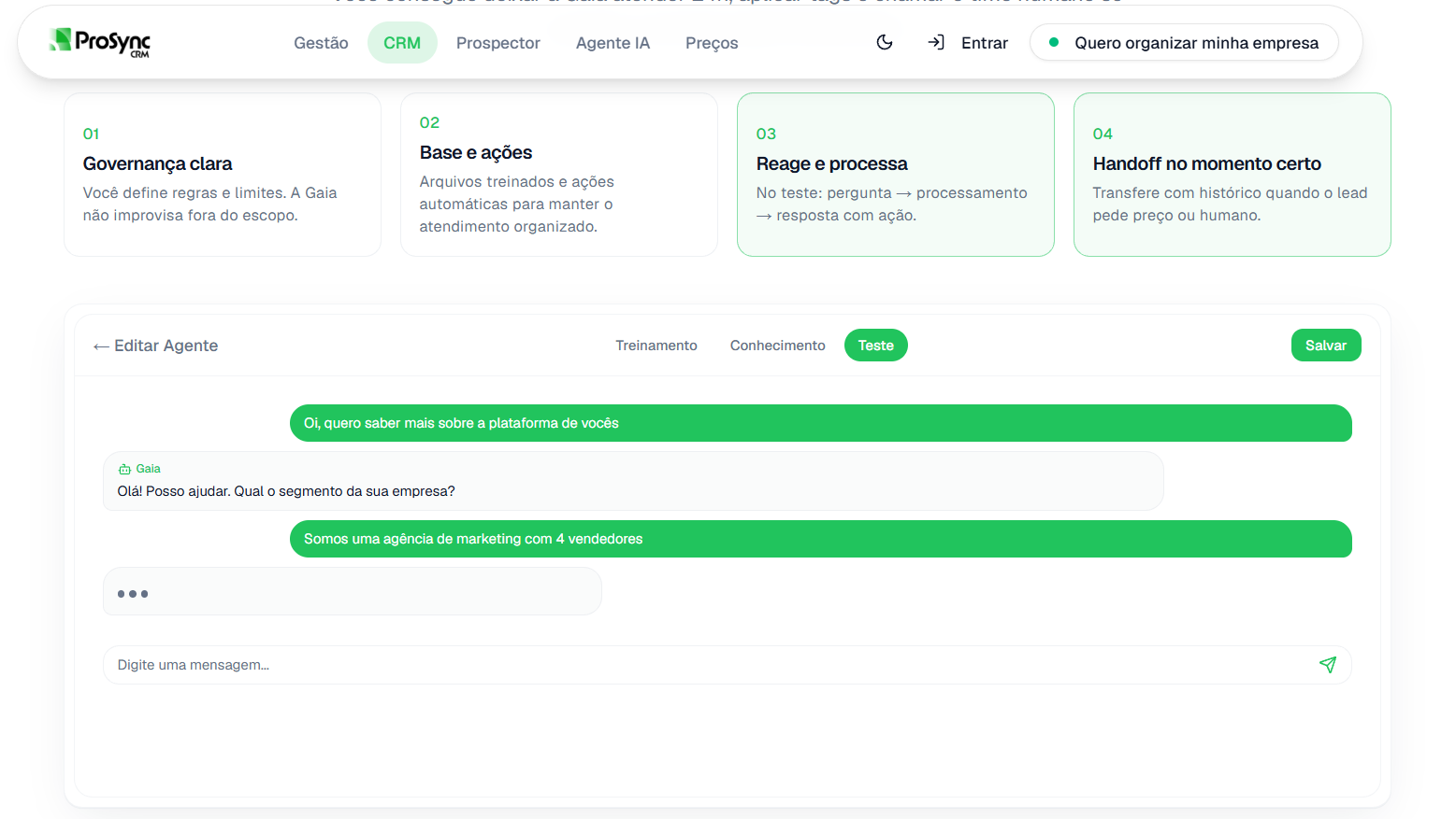 Gaia IA no Prosync CRM: qualifique 24h e escale só quando o lead pede fechamento